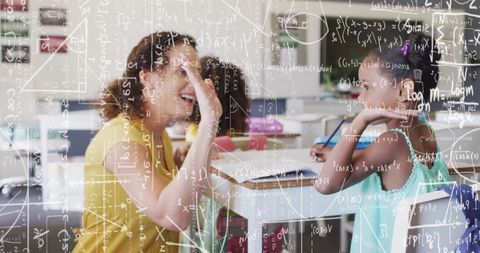 Teacher engaging with students among floating math equations