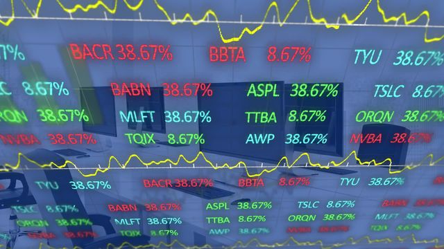 Office building overlaid with digital stock market data. Perfect for financial, investment, and trading-themed projects.