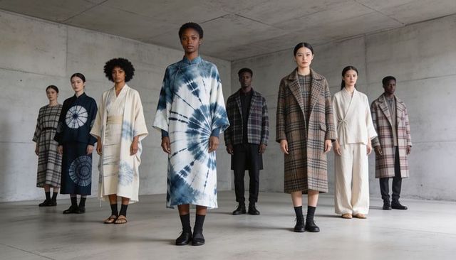 Minimalist couture lineup showcasing models wearing indigo tie-dye kimono dress and plaid coats