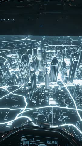 Navigating holographic city model from cockpit, pulsing road network visualizing smart city