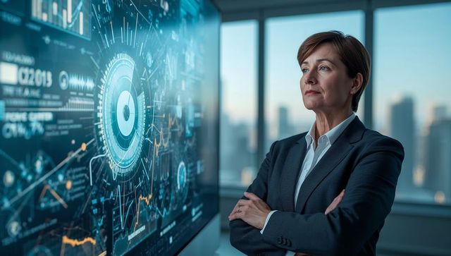 Female Executive Studying Analytics Dashboard on Large Digital Display in Corporate Office