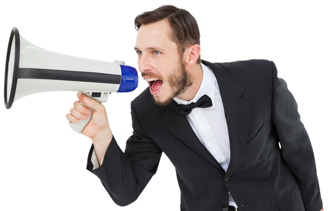 Businessman with Megaphone Shouting Loudly on Transparent Background - Download Free Stock Videos Pikwizard.com