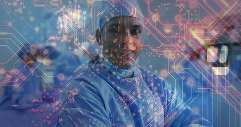 Smiling Surgeon Wearing Scrubs and Cap with AI Circuitry Overlay for Digital Surgery