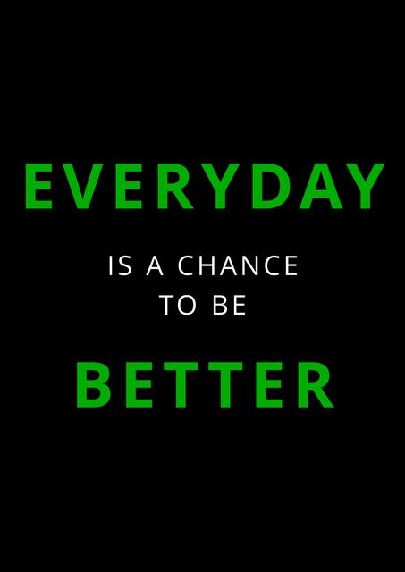 Inspirational poster featuring bold, contrasting text stating 'EVERYDAY IS A CHANCE TO BE BETTER' in green and white letters on a black background. Ideal for office, home, gym, or study spaces to encourage constant self-improvement and positive thinking. Can be used in social media posts, blogs, decoration, or as a daily motivational reminder.