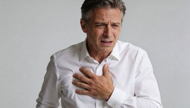 Middle-aged man clutching chest experiencing sudden chest pain and emotional distress