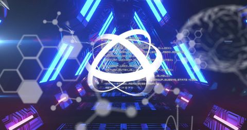Futuristic virtual tunnel with holographic scan symbols