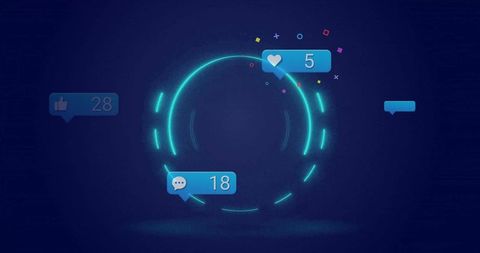 Neon social media sphere with interactive icons on dark background