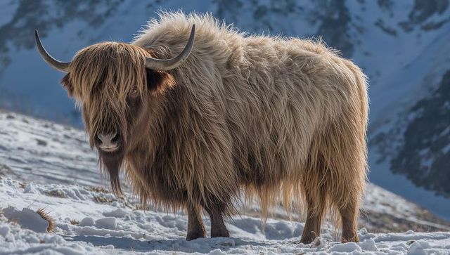 Highland cow standing on snowy alpine slope with long shaggy coat and curved horns