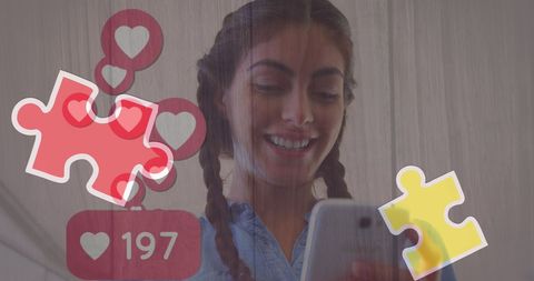 Young Woman Engaged With Social Media and Puzzle Elements - Download Free Stock Images Pikwizard.com