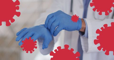 Doctor Wearing Surgical Gloves with Virus Icons Overlay