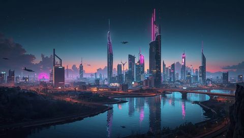 Standing pair watching neon futuristic skyline over river at dusk with ferris wheel