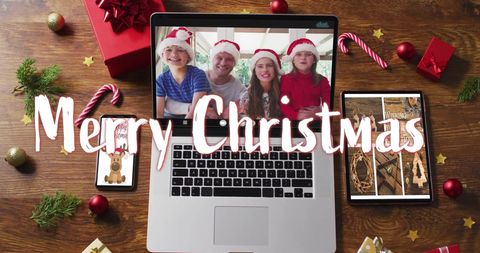 Family Celebrating Christmas Virtually with Text Overlay - Download Free Stock Images Pikwizard.com