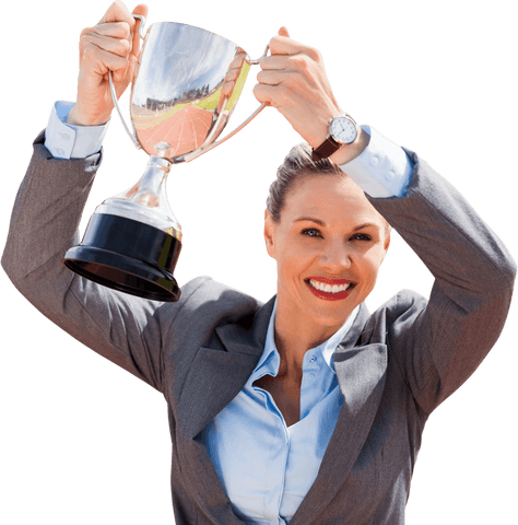 Successful Businesswoman Celebrating Trophy Victory on Transparent Background