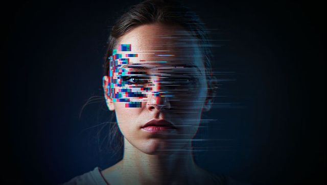 Glitched portrait of young woman with rgb pixel distortion and futuristic scanlines