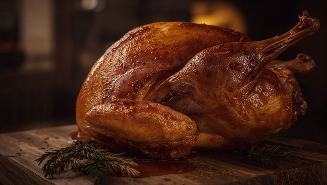 Whole roasted turkey with sprigs in rustic kitchen ambiance