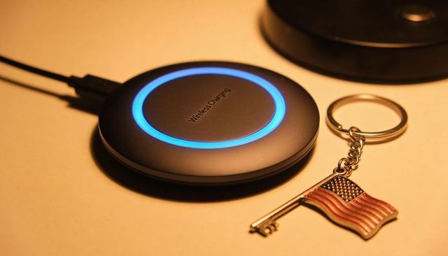 Wireless charging pad glowing blue led ring with american flag keychain on warm desk