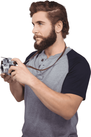 Bearded Hipster Confident Photographer Holding Retro Camera on Transparent Background - Download Free Stock Videos Pikwizard.com