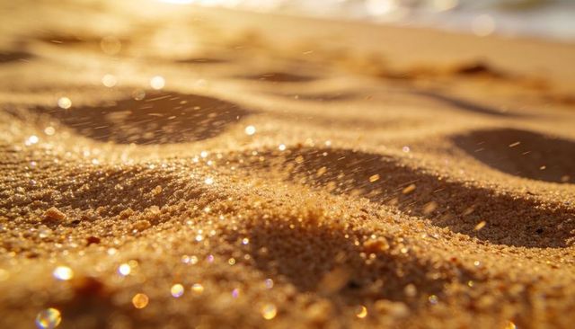 Glistening golden sand rippling and sparkling under low sun on coastal shore macro texture