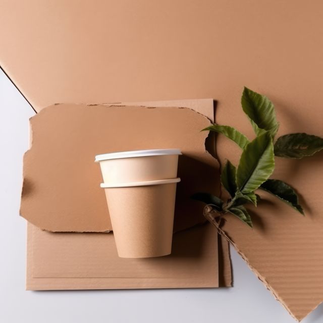 Plant, paper cups and paper on white background, created using generative ai technology. Recycling, environment and climate change awareness concept digitally generated image.