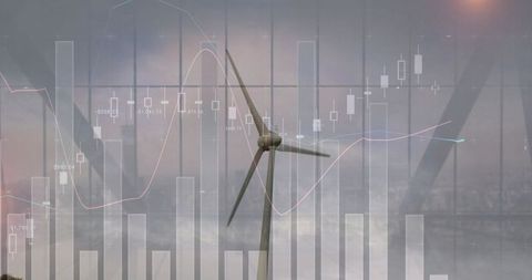 Wind Turbine Overlaid with Financial Graphs Symbolizing Green Investments