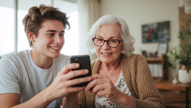 Grandmother and Grandson Sharing Technology Moment on Smartphone