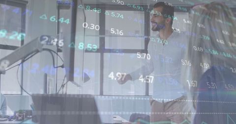 Financial analysis overlay with professionals discussing in office