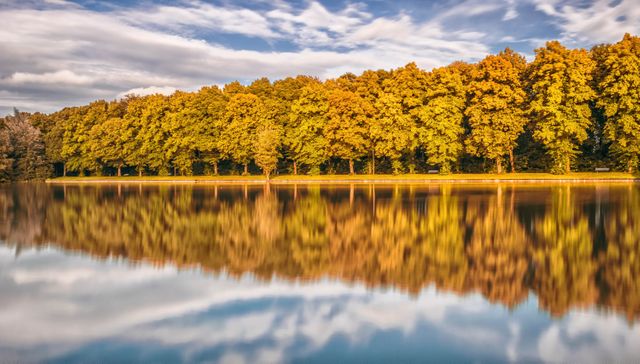 Golden autumn trees line calm lake with blue sky and wispy clouds. Image ideal for nature-themed designs, promoting outdoor activities, or creating serene backgrounds for digital content. Perfect for environmental campaigns or travel advertisements.