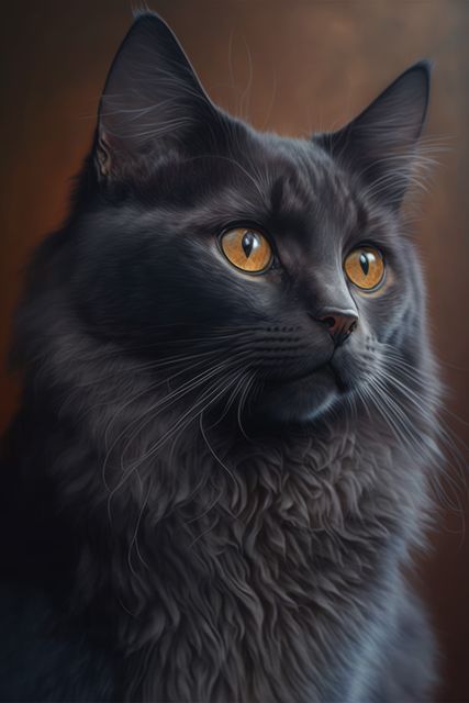 Close-up portrait of long-haired black cat with striking amber eyes. Detailed image highlighting the fur and whiskers. Ideal for pet-related content, articles on domestic animals, or elements in digital artwork. This photo can evoke a sense of elegance and mystery, making it perfect for various creative projects ranging from advertisements to home decor design.