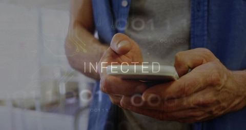Hands Holding Smartphone with INFECTED Binary Overlay