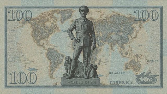 Ai-generated geopolitical currency note art with bronze statue