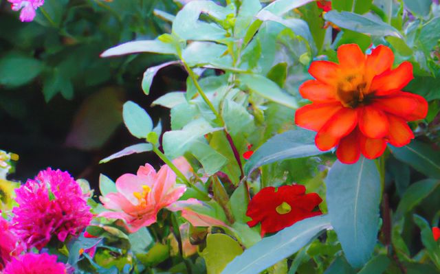 Bright and colorful garden flowers in full bloom. Plants include vivid red, pink, and orange flowers surrounded by lush green leaves. Suitable for gardening content, nature-related articles, summer-themed projects, and home decor inspiration.