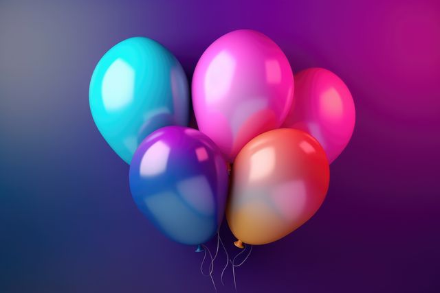 Pink, orange and blue party balloons against grey wall, created using generative ai technology. Celebration and party time, digitally generated image.