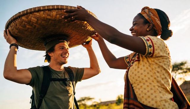 Countryside cooperation placing large woven basket on traveler's head during golden hour