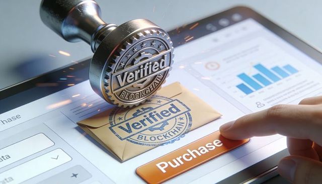 Stamping Verified Blockchain Seal over Digital Purchase Button while Finger Tapping Tablet