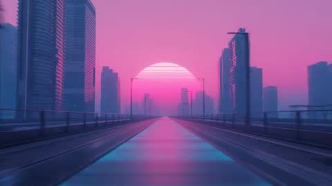 Gliding on Neon Highway in Futuristic Cityscape at Sunrise