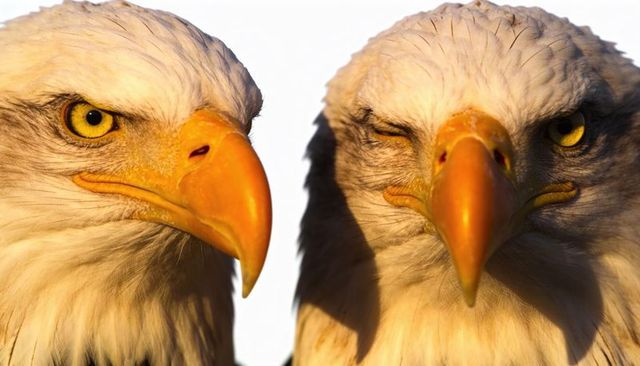 Two bald eagle closeups catching warm golden light on hooked beaks and intense eyes