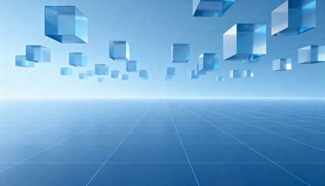 Floating Glass Blue Cubes Receding Over Reflective Grid Horizon Abstract Tech Background