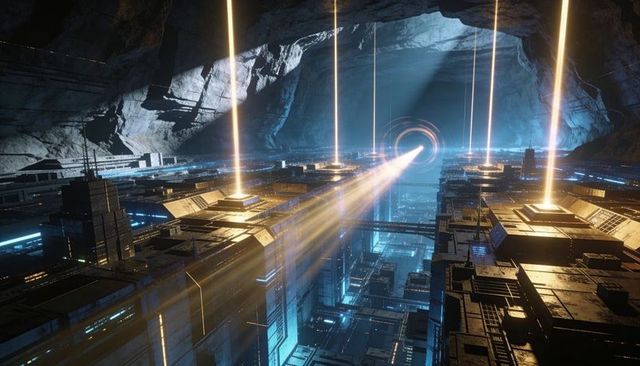 Underground futuristic energy grid sending central beam into circular portal in cavern