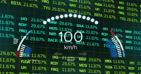 Futuristic Speedometer Display Overlaid with Financial Data