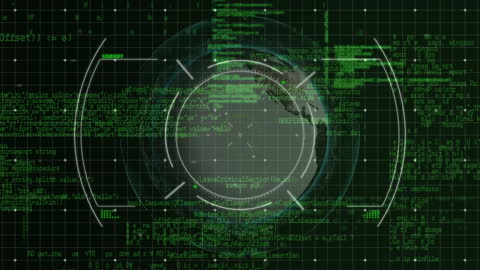 Digital Code Overlay with Circular HUD on Global Grid