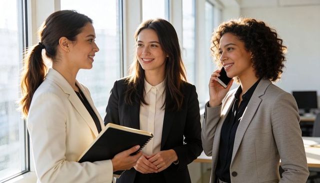 Three professional women collaborating in sunlit office holding notebook and smartphone