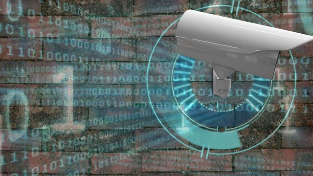 Digitally rendered security camera surveys with floating binary code and data processing overlays. Ideal for cybersecurity articles, digital security presentations, hacking prevention tutorials, or tech industry adverts. Conveys advanced surveillance technology and modern security measures.