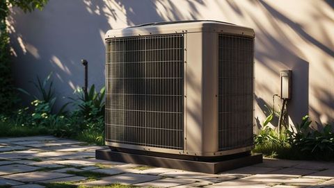Outdoor hvac condenser unit on sunlit patio with landscaping
