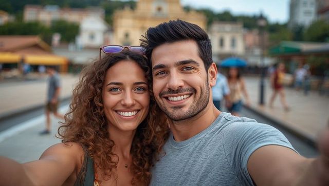 Smiling Couple Taking a Selfie in Scenic Town Square