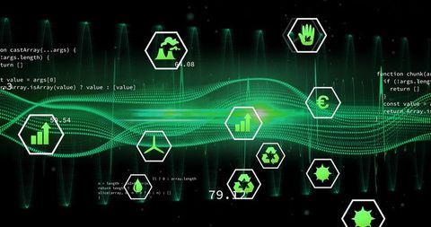 Neon Green Data Stream Dashboard with Sustainability Icons and Digital Analytics Interface