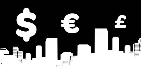 Financial Symbols Floating Above Urban Cityscape Silhouette - Download Free Stock Images Pikwizard.com