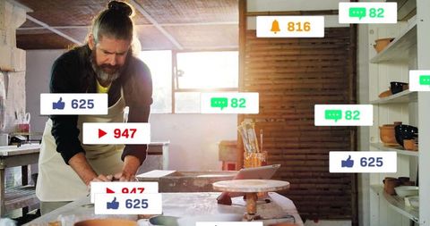 Artisan Crafting Pottery with Social Media Engagement Floating