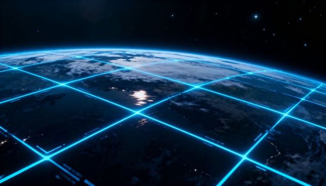 Global digital network grid connecting continents over earth from low orbit with neon glow