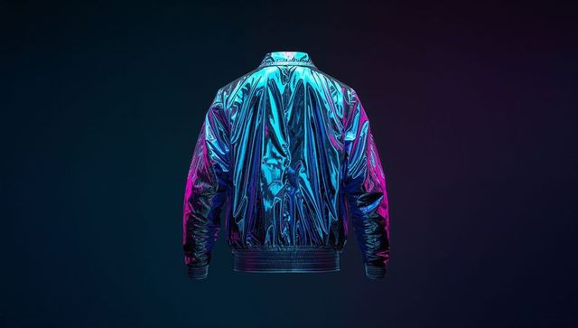 Iridescent metallic bomber jacket hovering in neon cyan magenta rim lighting duotone