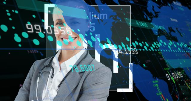 Smiling Businesswoman Doctor in Front of Digital Data Overlaying World Map - Download Free Stock Images Pikwizard.com